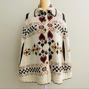 Vintage Cream Knit Cape with Red, Black & Gold Motif